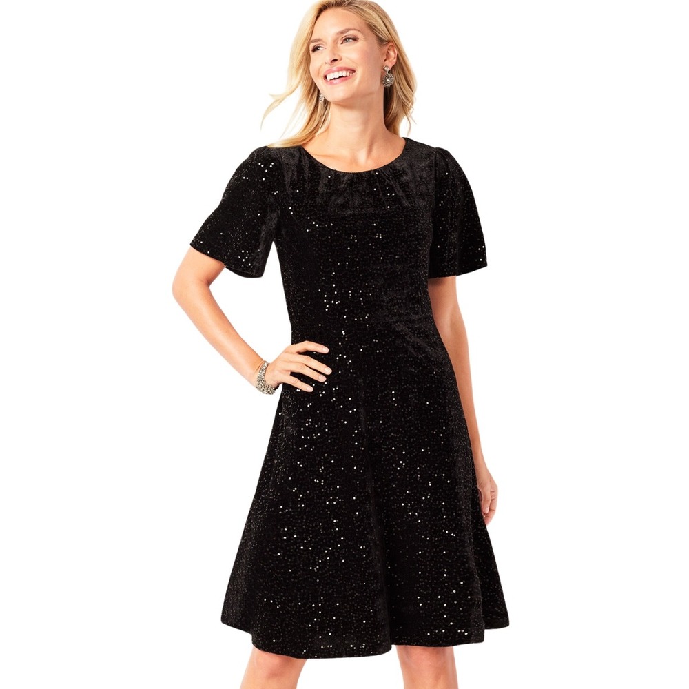 Talbots Velvet Sequined Fit &‎ Flare Cocktail Little Black Dress LBD, Size 8P
